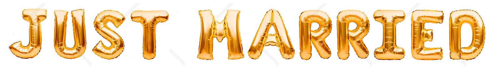 Golden words JUST MARRIED made of inflatable balloons isolated on white background. Gold foil balloon letters. Wedding day, love,