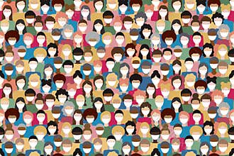 Illustration of diverse crowd of people wearing medical masks for prevention of virus transmission. New corona virus COVID-19 conc