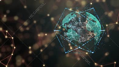 Abstract virus cell dissipating inside a special pathogen exterminator frame over glittering plexus background.