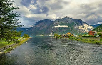 Eidfjord river and village. Eidfjord, Norway, Scandinavia