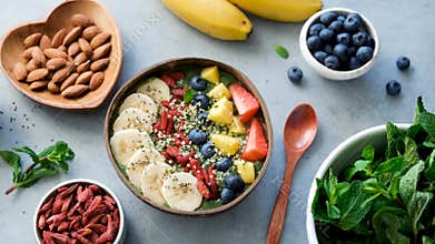 Smoothie bowl with various superfood toppings