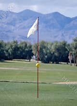 A white golf flag blowing in the wind