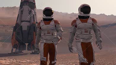 Astronauts wearing space suit walking on the surface of mars. Exploring mission to mars. Futuristic colonization and