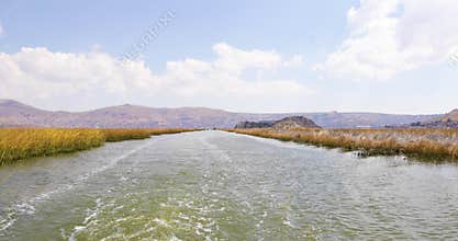 Peru Lake Titicaca waterways between the floating islands