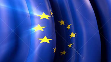 Sun shines through the waving flag of european union. Waving european union flag for banner design. Festive design of the EU
