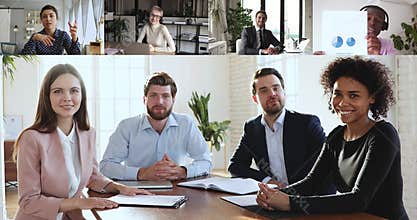 Multiracial business people group participating conference video call meeting