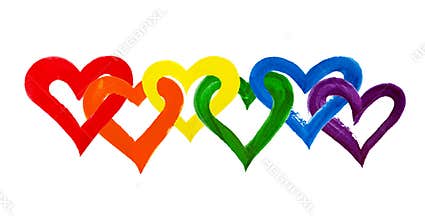 Rainbow colors intertwined hearts on white background isolated close up, overlapping heart LGBT flag color, LGBTQ symbol