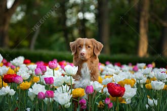 A dog in flowers, in tulips. Walk with the pet in the park. Happy Nova Scotia Duck Tolling Retriever