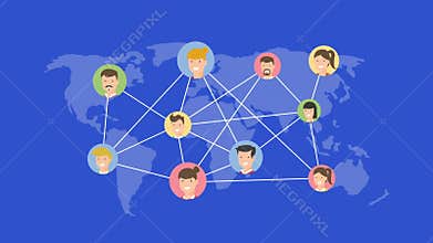 Social Network people connected internet over world map conceptual animation cartoon