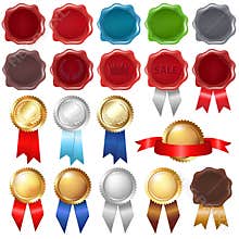 Collection Wax Seal And Award Ribbons. Vector