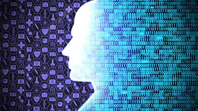 Futuristic AI/Human Head Computing and Thinking Medical Technology Icon Set HUD including Binary Code Background