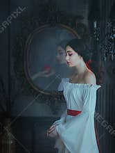 Woman concept sleeping beauty horror dream. fairytale medieval clothes dress.