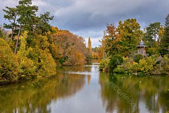 Scenic lake in the Bois de Boulogne Paris France, in fall