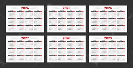 Set of annual calendar template for 2024, 2025, 2026, 2027, 2028 and 2029