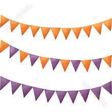 set of three festive garlands for Halloween. Orange purple flags for celebration and decoration. Attribute of Halloween, witches