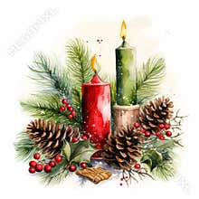 Watercolor Christmas card with red candles and fir branches