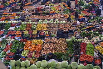 Vegetables, fruits and grains from the field and garden are available in abundance in the market place.