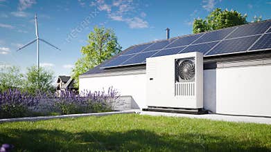 Green roof with grass covering and an installed heat pump with photovoltaic panels on the roof of a single-family house. An