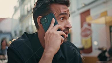 Emotional man yelling smartphone call at city closeup. Gentleman arguing phone