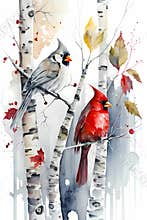 Two cardinal birds sitting on the branches of a beerch tree