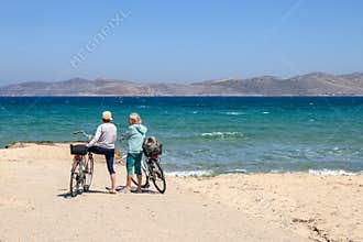 Tourists on sandy beach of Marmari. The Greek island of Kos