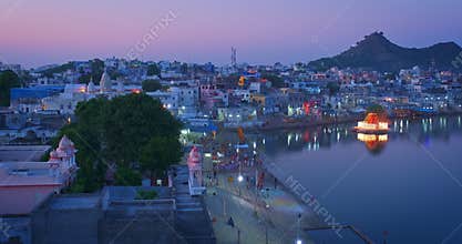 View of famous indian hinduism pilgrimage town sacred holy city Pushkar with ghats. Rajasthan, India