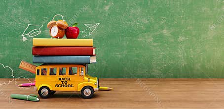 Back to school banner. Funny School bus with books and accessory in front of green chalkboard with copy space.