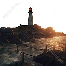 stormy sunset ocean with a lighthouse guiding the lost ships. Transparent PNG file.