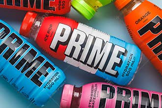 Prime Energy Drink . Bottle drink on blue background. Top view