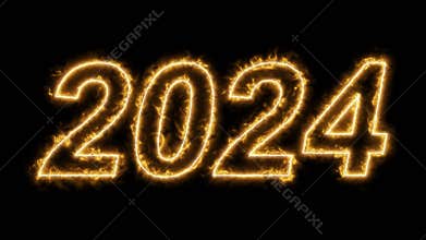 Burning numbers 2024 sparklers on a black background.