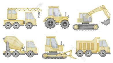 Truck Set Watercolor illustration. Hand drawn clip art of baby toy cars on isolated background. Tractor with lorry and