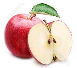 Red apple with leaf and slice.