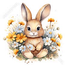 Cute watercolor bunny in spring flowers. Easter card