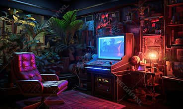 Old vintage arcade video games in game room with comfortable armchair and beautiful retro interior