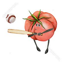 Hand drawn watercolor cute tomato character playing baseball game with bat and ball. Fitness health. Illustration