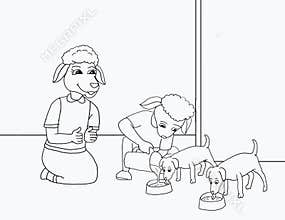 Mon and kid sheep giving drink to two dog coloring page