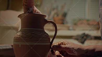 Potter putting handle on jug. Professional ceramist attaching a handle to a mug. Close up shot human hands add one more