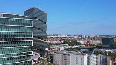 Berlin Skyscraper Wall Border River. Fantastic aerial top view flight drone