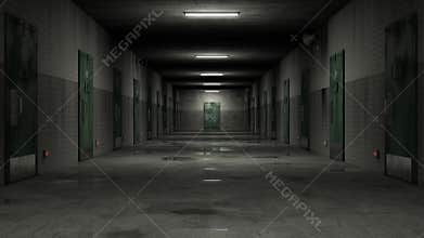 Empty prison corridor with lights turning on. 3d render. Seamless loop.