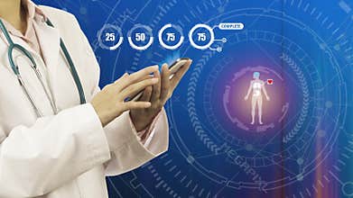 Female doctor with stethoscope showing virtual hologram of human organ