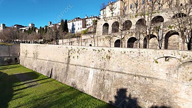 Bergamo, Italy. The Old city. The old and historical buildings at the upper town and the Venetian walls