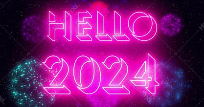 Hello, 2024 - animated neon colored with neon colorful fireworks in 4k.