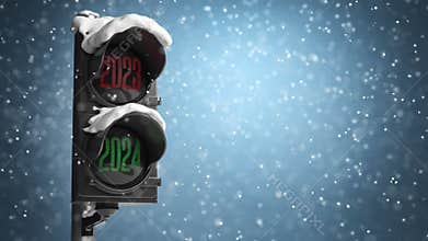 Happy new year 2024 Traffic light with green light 2024 and red 2023 on sky background.