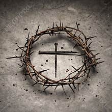 Cross Made From Rusty Nails With Crown Of Thorns And Blood Droplets On Stone Floor