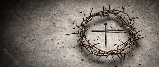 Cross Made From Rusty Nails With Crown Of Thorns And Blood Droplets On Stone Floor