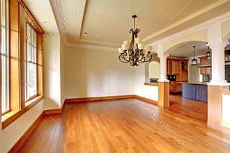 Large luxury dining room interior with kitchen and arch.