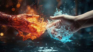 Hands of man and woman in fire and smoke on dark background.