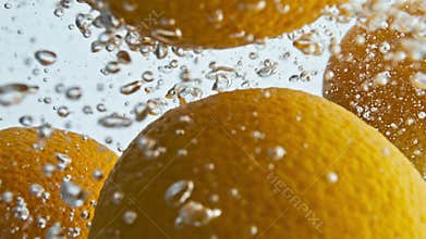 Fresh oranges falling water closeup. Summer sweet fruits splashing liquid in