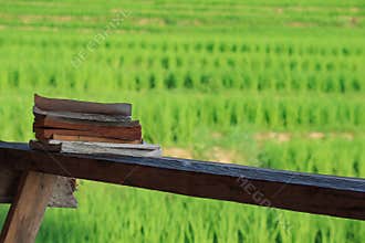 A stack of old books with old paper pages on wooden table and beautiful scenery of rice terraces in background.