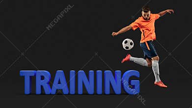 Active male soccer player jumping with football ball over 3D blue lettering on black background. Concept of sport